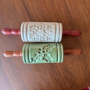 Vintage glazed ceramic Festive Rolling Pins with Wooden Handles